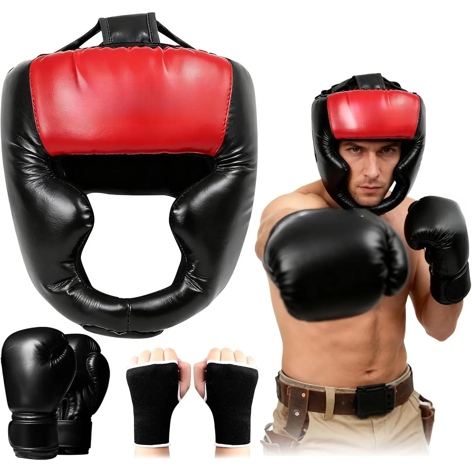 PU Leather Sparring Headgear and Gloves Set, Unisex Boxing Equipment for Adults & Kids, Protective Gear for MMA, Kickboxing & Muay Thai, Boxing Headgear, Martial Arts Style Boxing