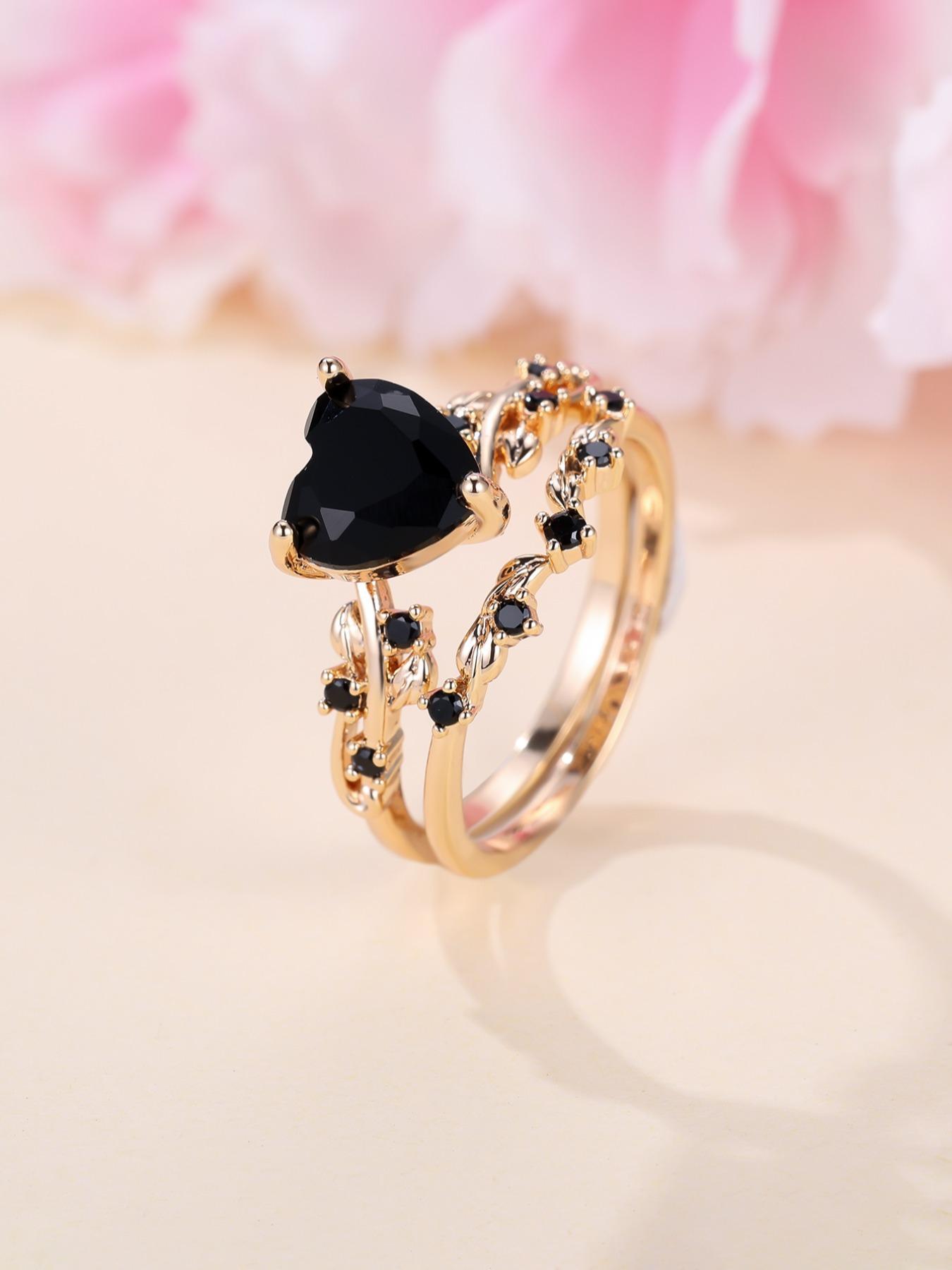 2pcs/set Women's Elegant Artificial Gemstone Decorated Heart Design Ring, Fashion Jewelry For Women & Girls, All-match Accessory, Heart Cluster Ring