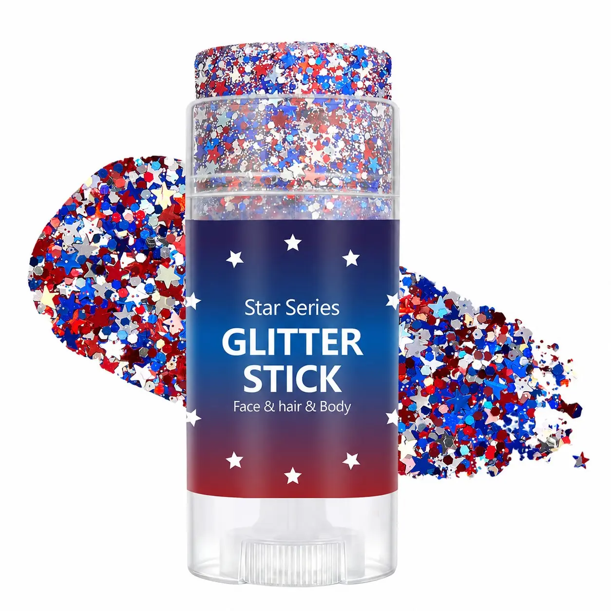 4th of July Glitter Stick , Single Tri-Color Face Body Hair Glitter Balm, Star Shimmer Makeup Stick, Long Lasting High Shine Festival Body Glitter for 4th of July, Independence Day Party, Carnival, Stage and Holiday Looks
