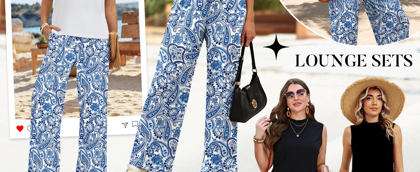 OFEEFAN Two Piece Set for Women Summer Spring Outfits Cruise Travel Airport Beach Vacation Mock Neck Wide Leg Pants Set OFEEFAN Two Piece Set for Women Summer Spring Outfits Cruise Travel Airport Beach Vacation Mock Neck Wide Leg Pants Set