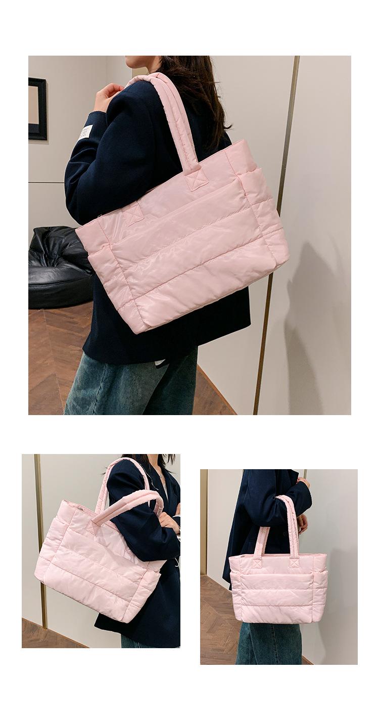 Cozy Blush Pink Cloud Tote Bag, Lightweight Quilted Padded Shoulder Handbag With Soft Fabric, Spacious Compartment For Everyday Use, Work Commute, Weekend Trips And Travel Essentials