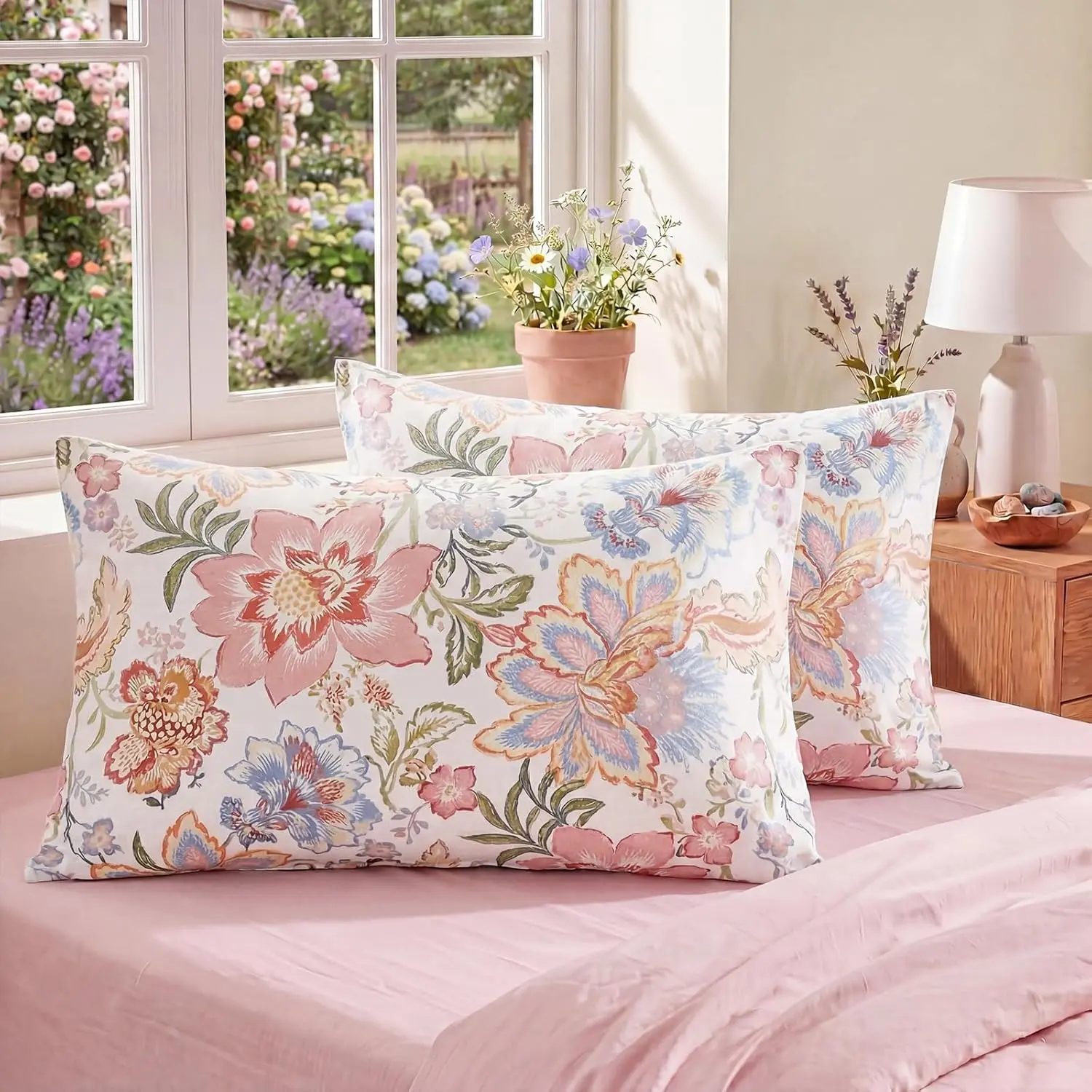 Pink Floral Pillow Set of 2 Cotton Pillow Cover Standard Size Flower Botanical Print Cute Decorative Pillowcase Soft Pillow Case with Closure