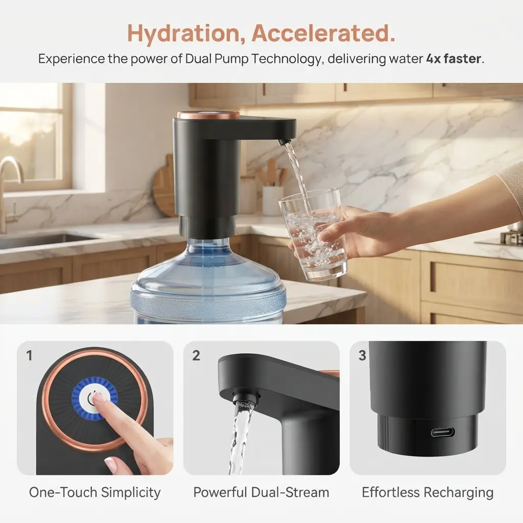 Dual‑Pump Electric Bottled Water Dispenser, Smart Household Automatic Water Pump, High‑Efficiency Auto‑Dispensing Device, Portable Drinking Water Gadget for Home, Dorm, RV and Kitchen Use