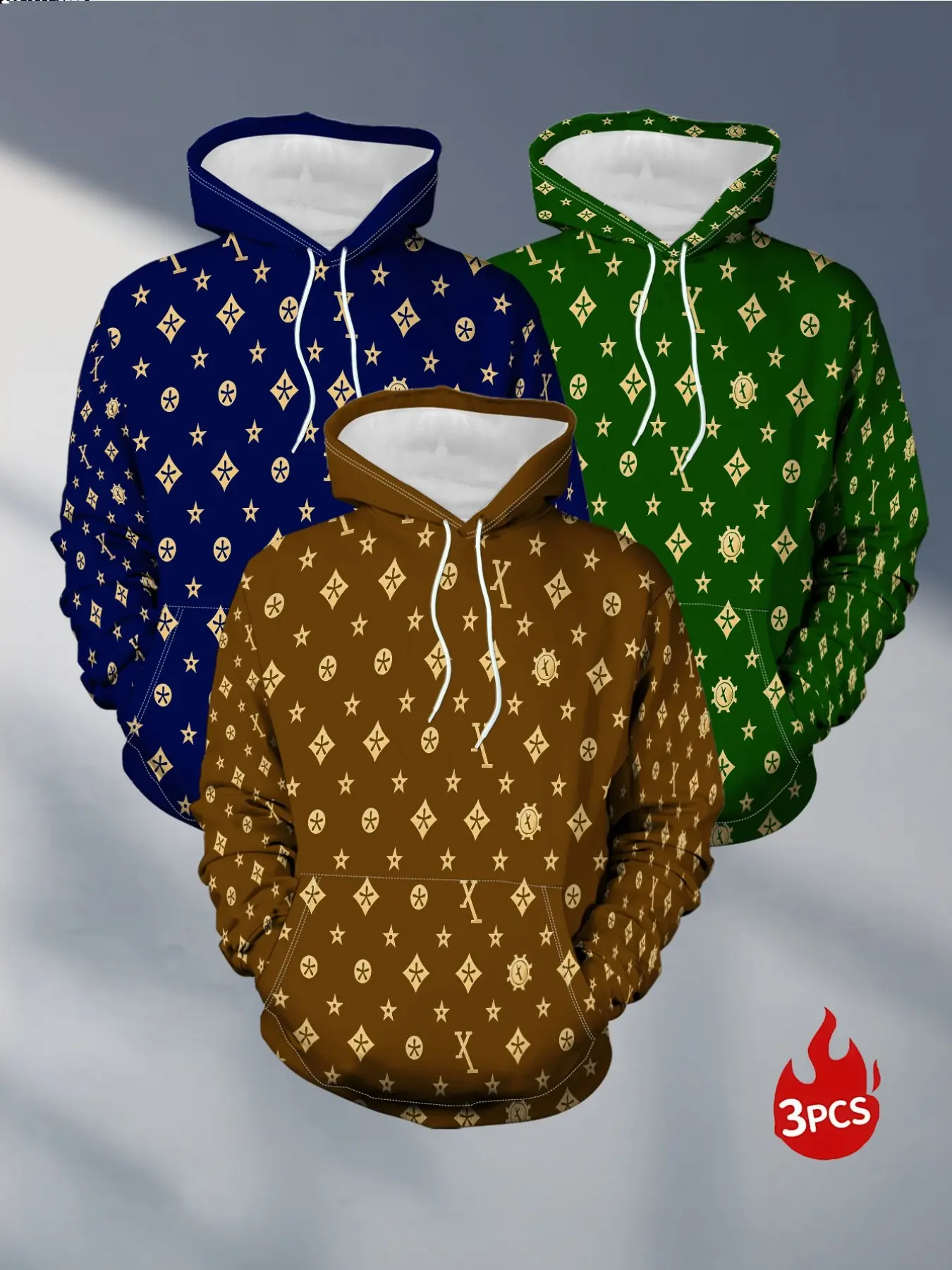 Men's Fashion Digital Print Hoodie 3-Piece Set, Stylish Letter and Geometric Patterns, Loose-Fit Casual Wear for Fall & Winter
