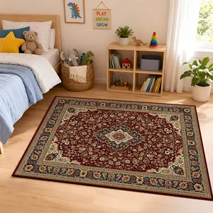 Red Persian Flannel Traditional European Area Rug #PersianStyleRug #RedFloorMat #OrnateVintageCarpet #FlannelHomeDecor