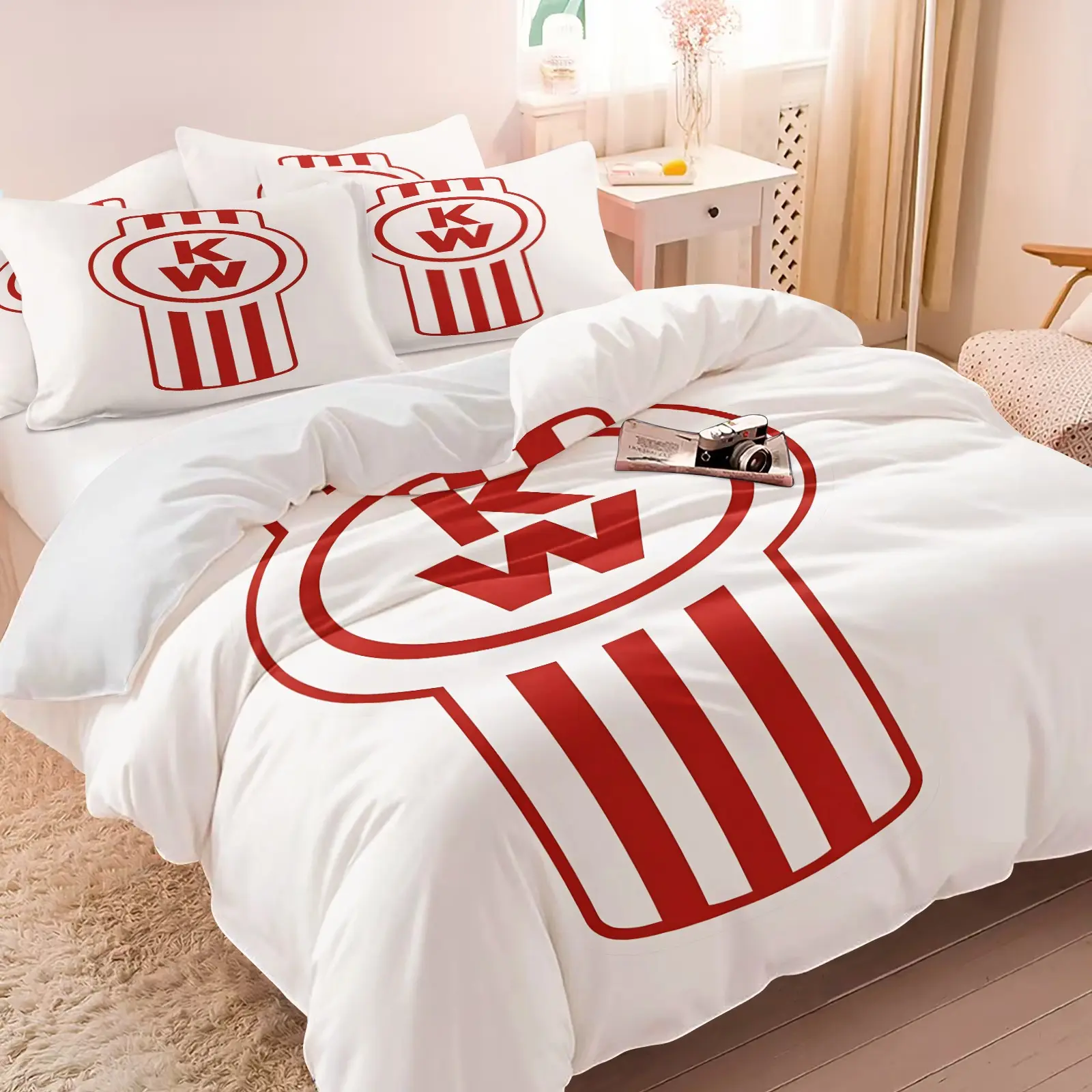 KW Truck Emblem Print Duvet Cover Set, White Base Red Stripes Classic Truck Logo Bedding, Soft, Comfortable & Breathable comfy bedding set, Striped Duvet Cover, 1 Duvet Cover and 1-2 Coreless Pillowcases, Ideal Gift for Truck Drivers & Big Rig Fans