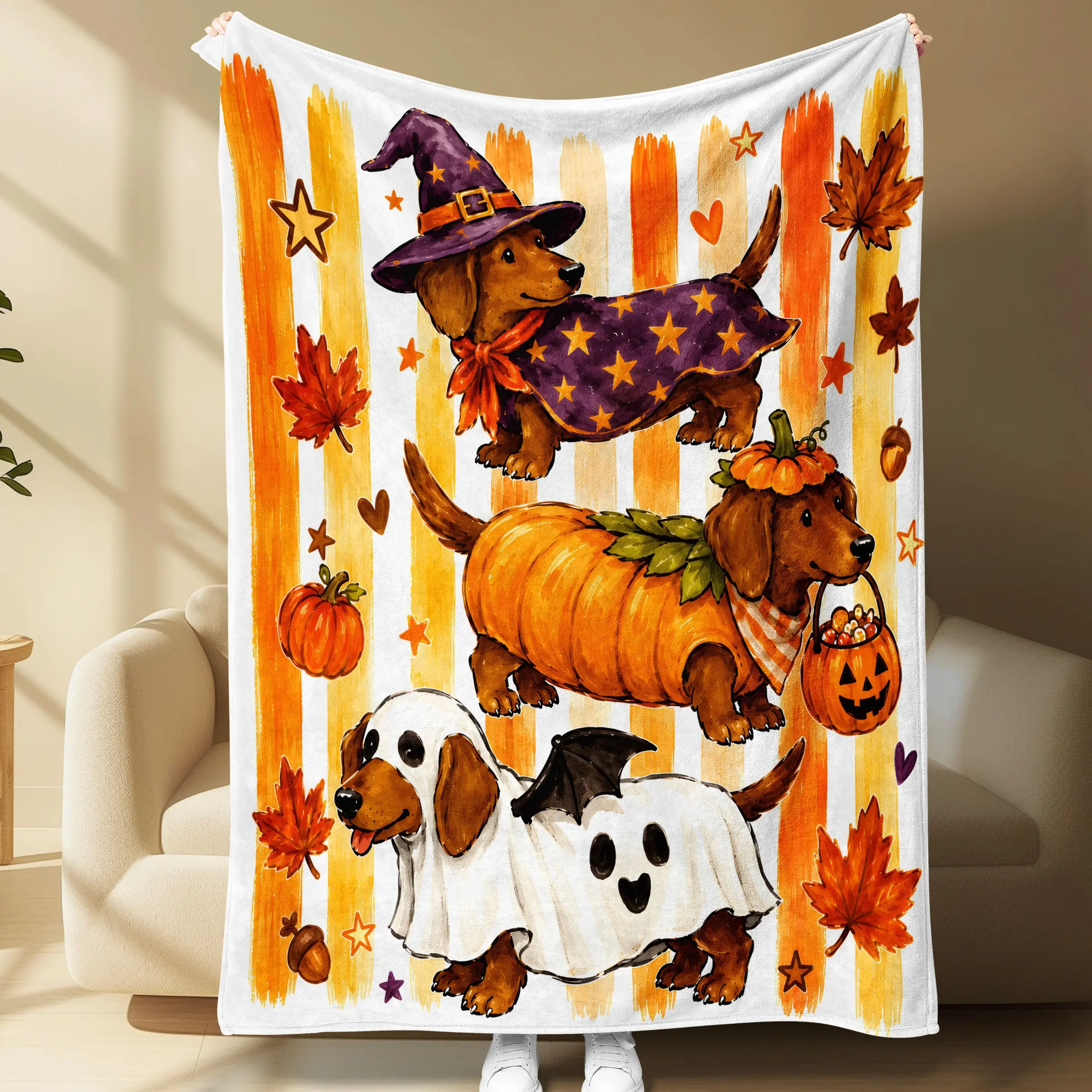 Cute Dachshund Halloween Flannel Fleece Blanket, Soft Cozy Throw for Bed Sofa Travel, Dog Lover Halloween Gift, Pumpkin Witch Ghost Design