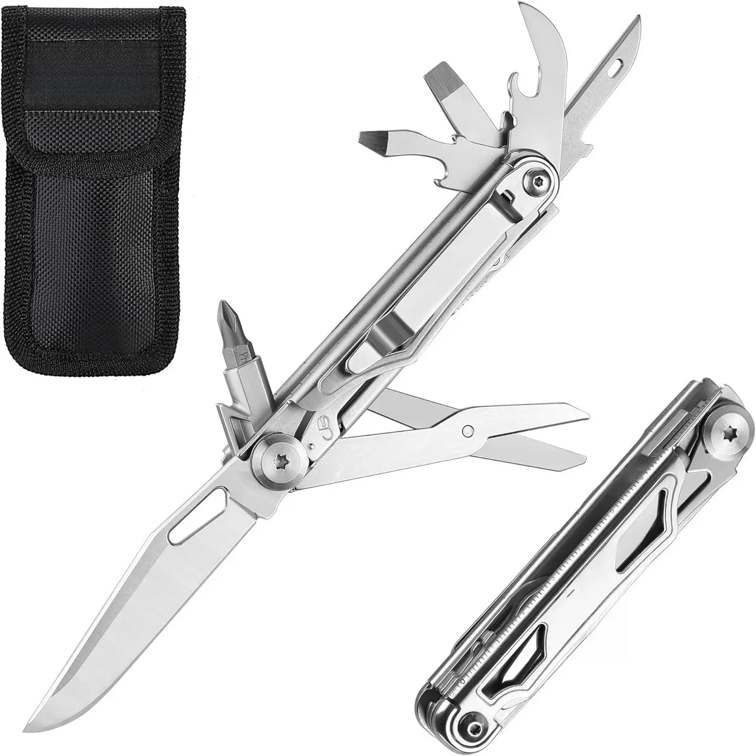 Moss Oak 12-in-1 Multi-Tool Knife, comes with storage bag and clip| Stainless steel multi-functional tool knife, survival tool with scissors, bottle opener, wire stripper, glass breaker, and screwdriver