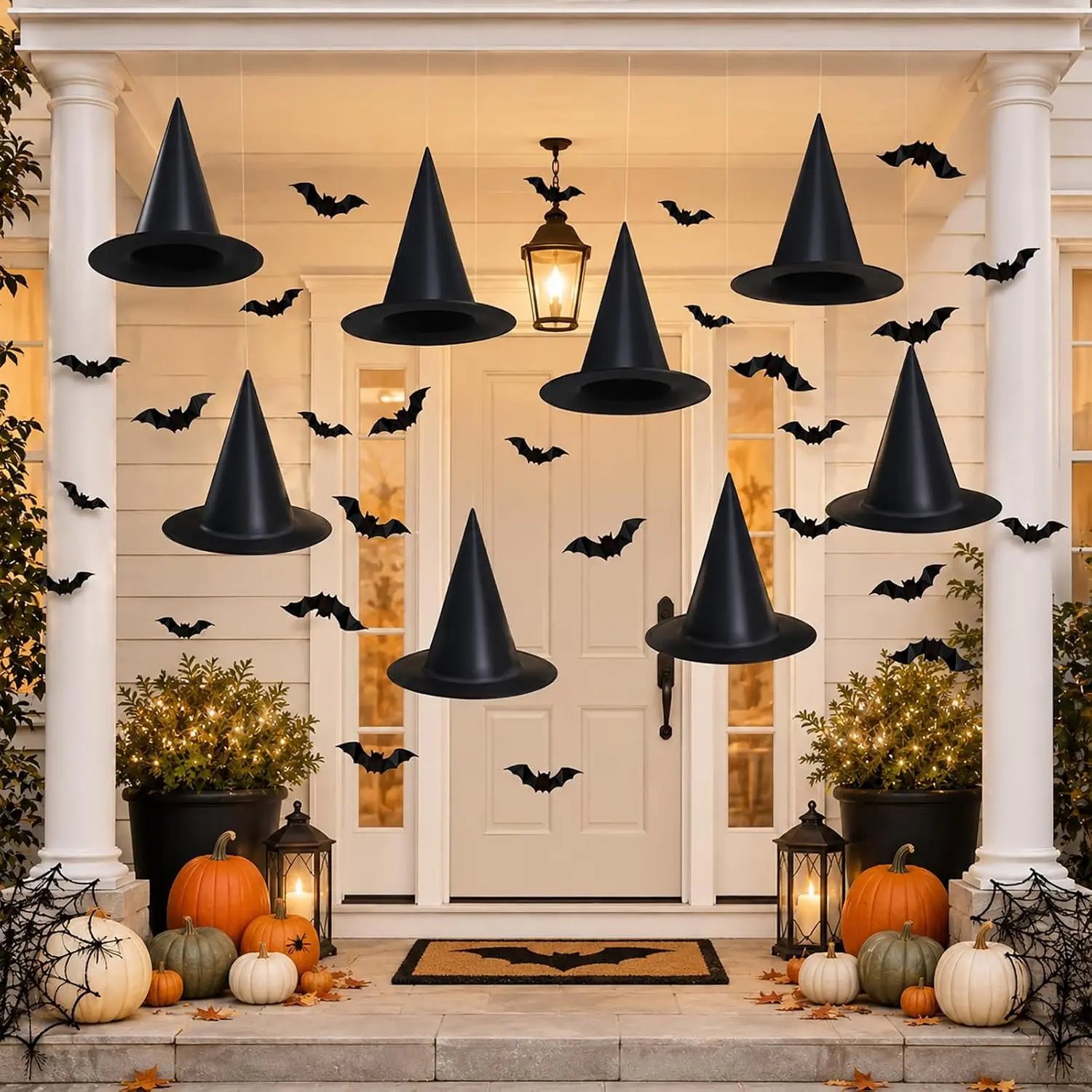 Hanging Halloween Decorations Decor Indoor Outdoor, Witch hats 8 Pack Halloween Witches Hat with 108 Feet Rope & 32Pcs 3D Bats, Hanging Witch Hats Witches Costume Accessory for Party Favor