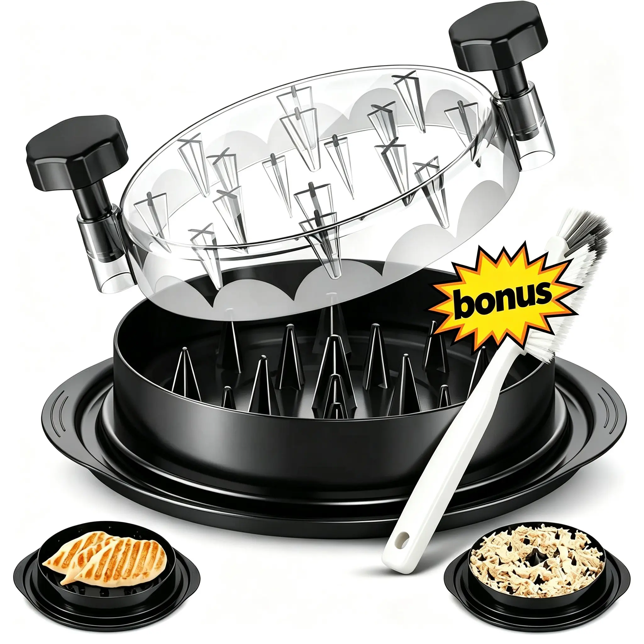 8-Inch Chicken Shredder, Breast Meat Shredding Tool, Transparent Lid, Non-Slip, Easy Clean, Rotating Design, Includes Brush