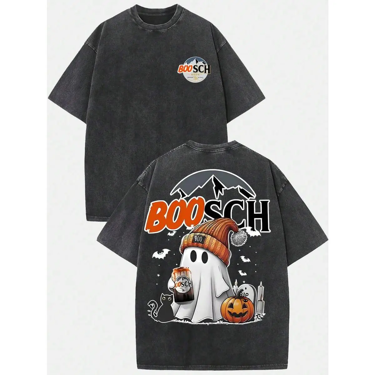 Retro Washed Cotton Halloween T-Shirt, Boosch Ghost With Beer, Black Cat & Pumpkin Graphic, Loose Fit Crew Neck Short Sleeve Tee