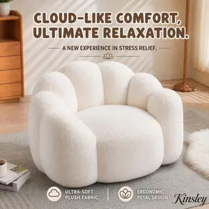 High Rebound Foam Bean Bag Chair, Lotus Petal Compression Lazy Floor Lounge Sofa, No Assembly Single Seat Padded Faux Lamb Wool Couch with Portable Pull Ring, Modern Soft Bean Bag Furniture for Living Room Bedroom Dorm Adults , Multiple Colors Available