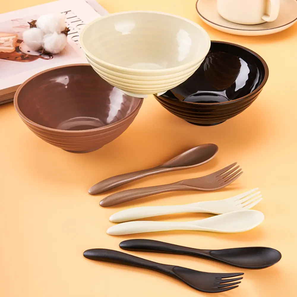 Unbreakable Japanese Ramen Bowl and Spoon Fork, Dishwasher and Microwave Safe, Reusable and Lightweight, Ideal for Noodles and Soups