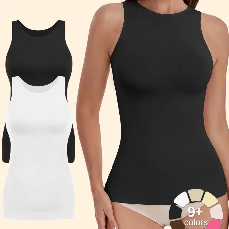 Women's Seamless Tummy Shaping Shapewear Tank Tops, 1/2/3/4 Pack, Round Neck Strapless Slim Fit Compression Belly Control, Casual All Season Wear