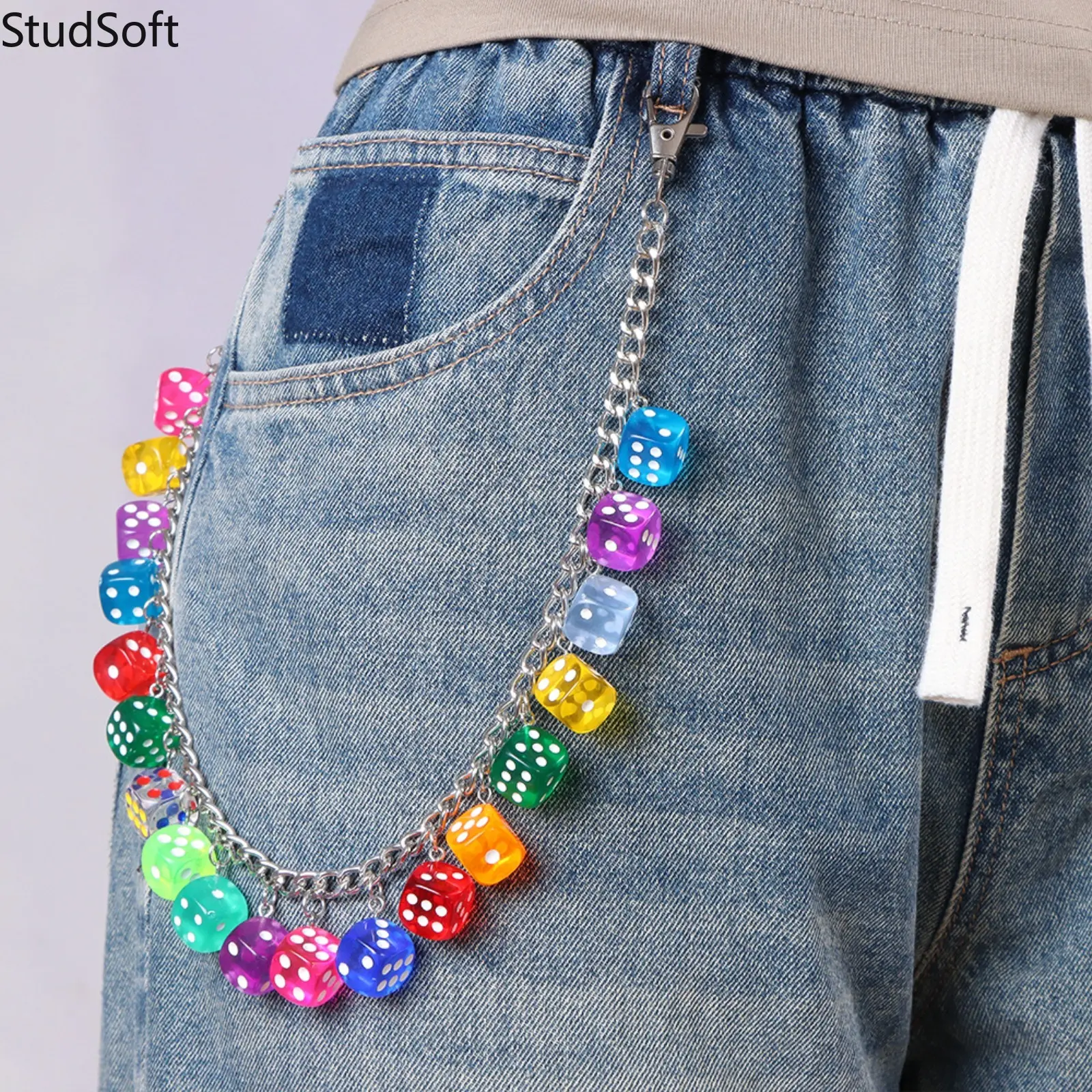 Y2K Colorful Dice Pants Chain For Jeans Double Layer Metal Link Waist Belt Chains Dopamine Aesthetic Pocket Keychain Streamer Body Jewelry For Women,back to school,back to school haul