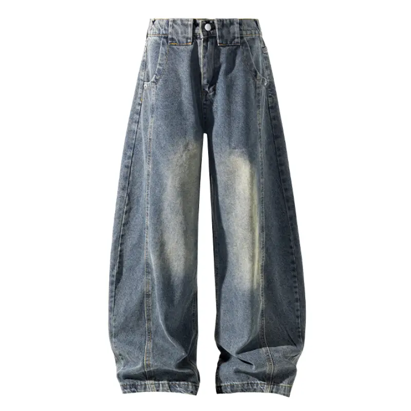 Men Vintage Washed Curved‑Barrel Jeans, 3D Seam Splicing Design, Faded Distressed Finish, Loose Barrel Wide‑Leg Silhouette, Trendy Drapey Denim Trousers For Street Casual Wear # sohochic
