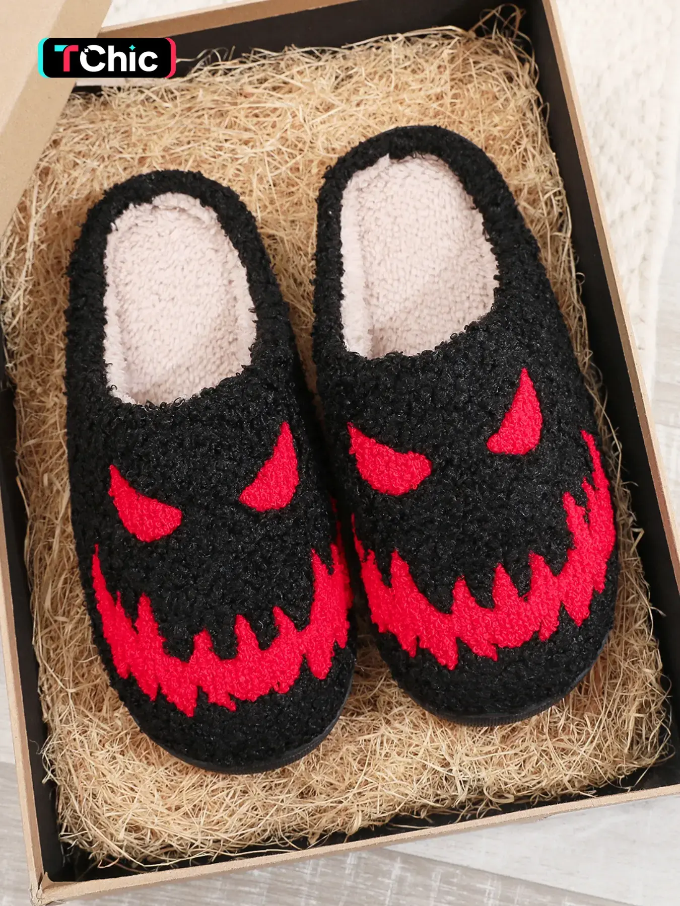 Halloween Devil Eye Embroidered Plush Slippers, Fuzzy Warm Soft Slippers, Fuzzy Fashion Slippers, Non Slip Slippers, Comfortable Indoor Shoes for Men & Women, Punk Style, All Seasons, Perfect Gift