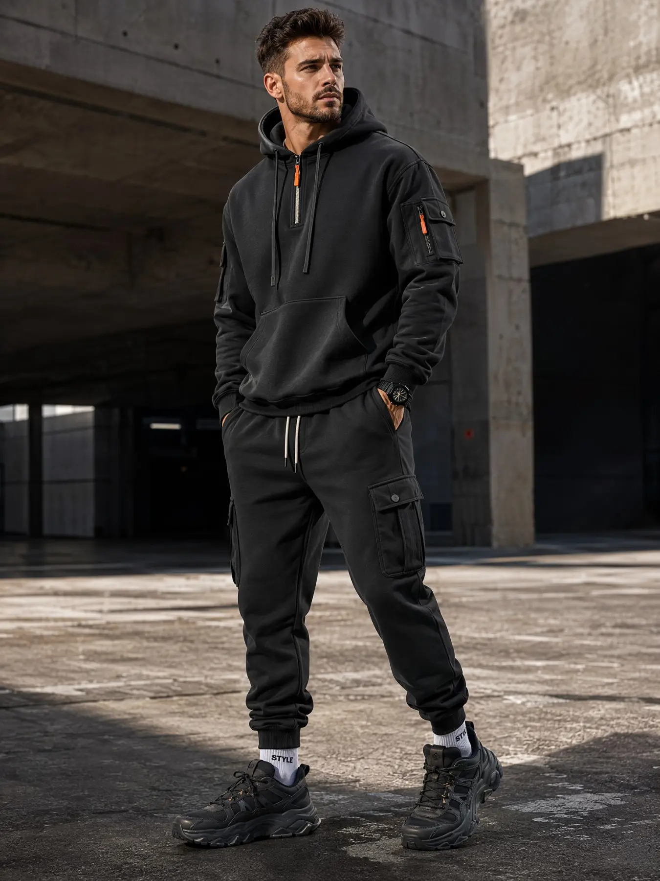 Men's 2-Piece Set Half-Zip Sweatshirt and Cargo Pants, Sporty Casual Style, Rhombus Texture, Color Block, Work Pockets, Fall Winter