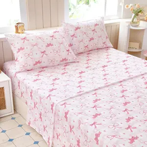 Queen Sheet Set Kids - Pink Check 4 Pieces Soft Microfiber Cartoon Style Bedsheets for Boys Girls Teens, Oeko TEX Breathable 15 Inch Deep Pocket Sheets(Pink Bow)