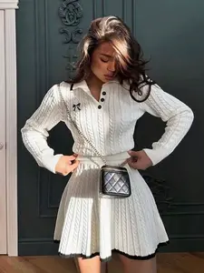 New Women's Sweater Two-Piece Set Knitted Short Skirt, Casual Versatile Long Sleeve Top for Spring Summer Fall,sweaters for women,tops,spring outfits for women,two piece set women,tops for women,2 piece sets woman,primavera a verano