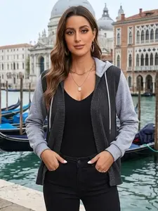 Women's Patchwork Hooded Knit Cardigan Denim Jacket, Spring & Fall Essential, Stylish Layering Piece, Comfortable & Trendy Design