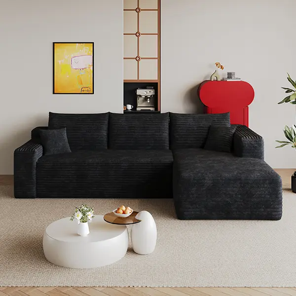 96.5 "Cloud Sectional Boneless Couch with Oversized Lounge Chair, Memory Sponge Compression Modular Sofa Suitable for Living Room And Bedroom, Comfortable Deep Seat Corduroy Sofa, No Assembly Required