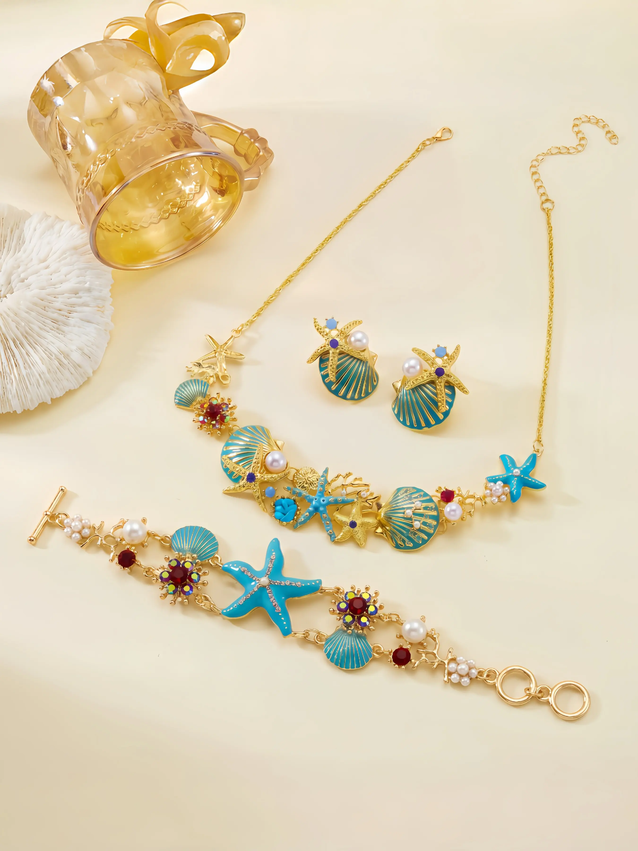 Elegant Colorful Drop Earrings and Necklace Set, fashionable jewelry set, Jewelry Sets, Starfish Shell Coral Jewelry, High-End Fashion Accessories, Perfect Gift Idea