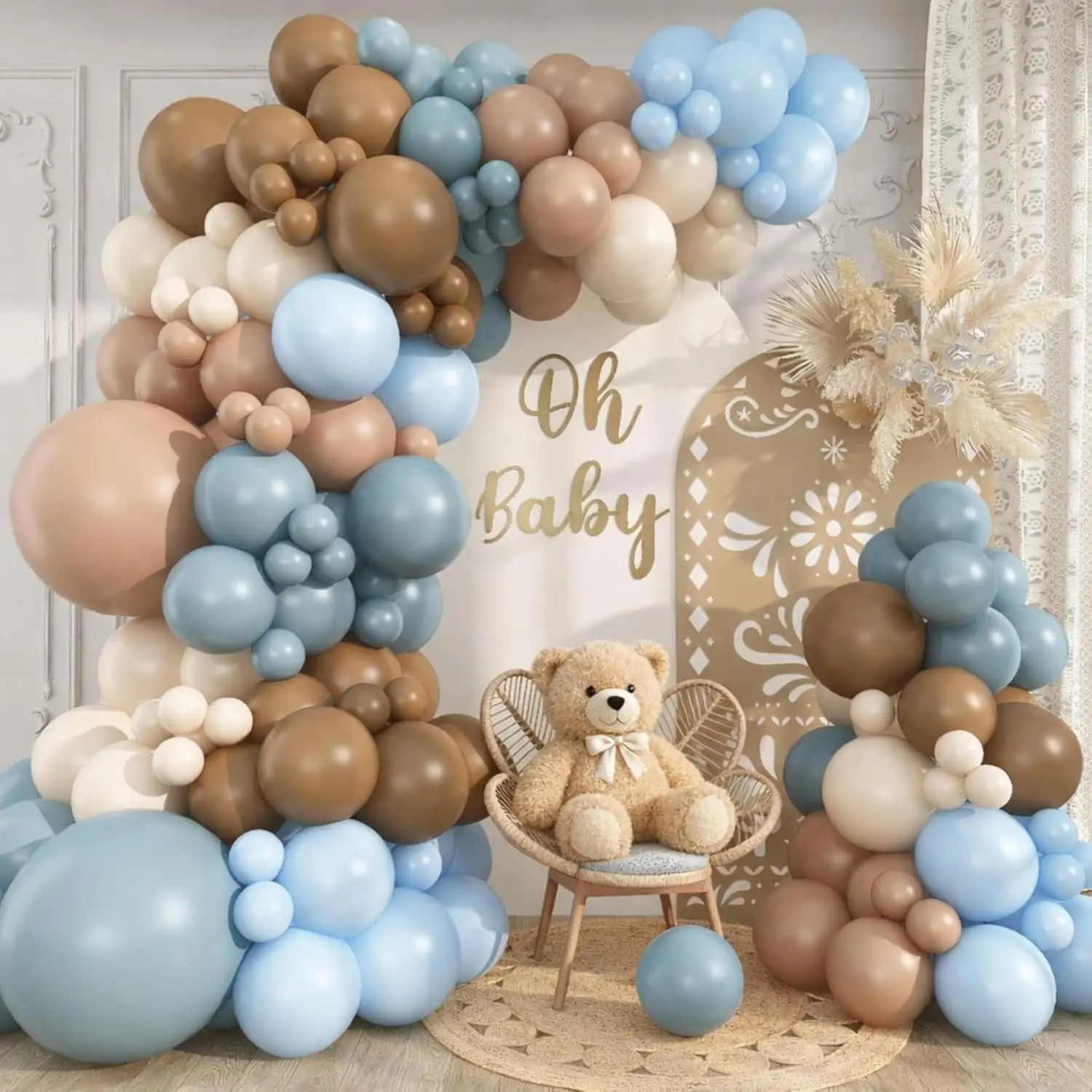 114-Piece DTY Blue Double-Stuffed Black-Brown Sand White 5/10/12/18Inch Balloon Garland Arch Kit, 12Inch Balloons for Boy Bear Baby Shower, Bohemian Graduation Party Decorations
