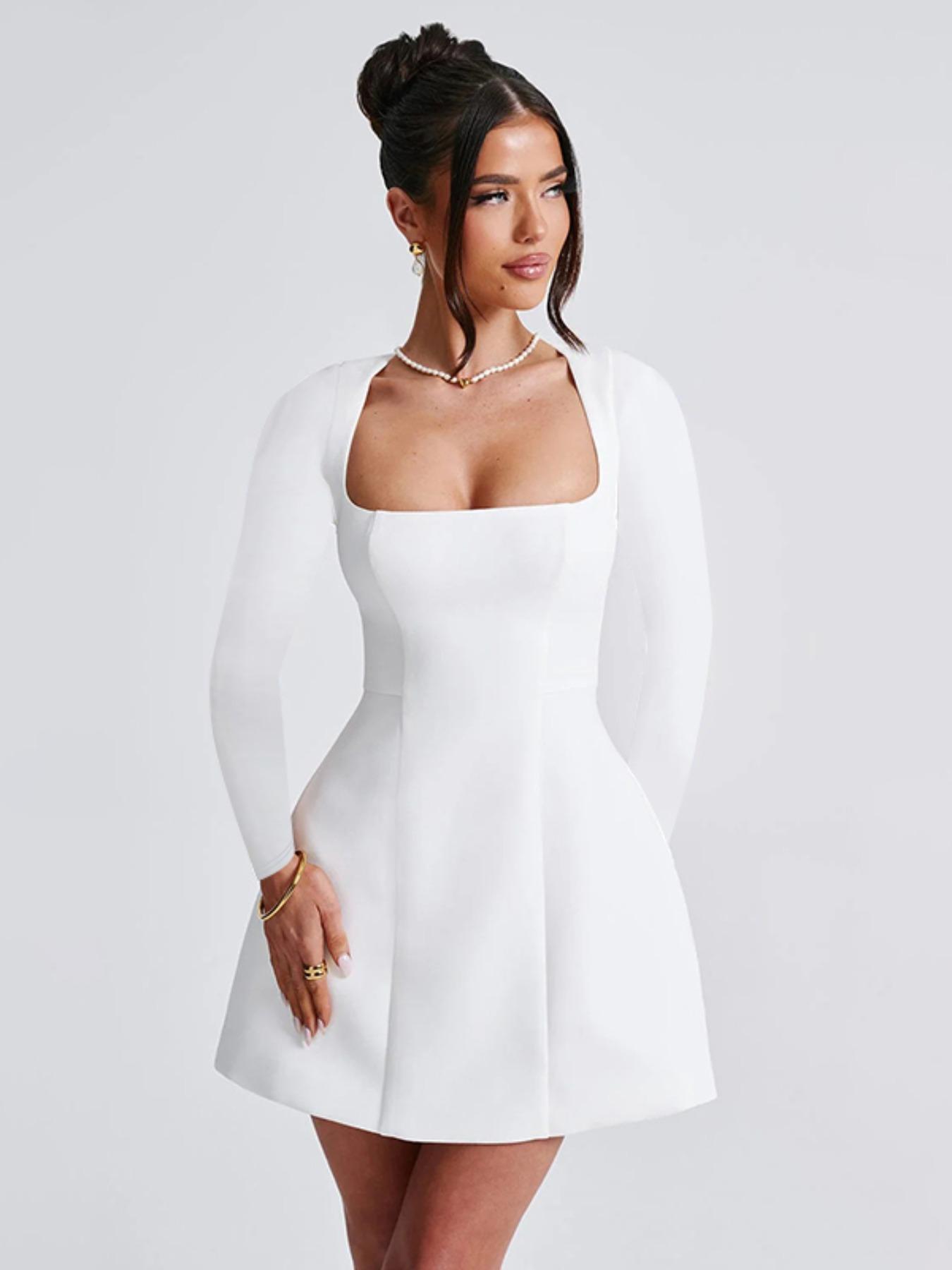 Women's Plain Square Neck A Line Dress, Casual Long Sleeve Short Dress for Fall & Winter, Women's Clothing for Daily Wear