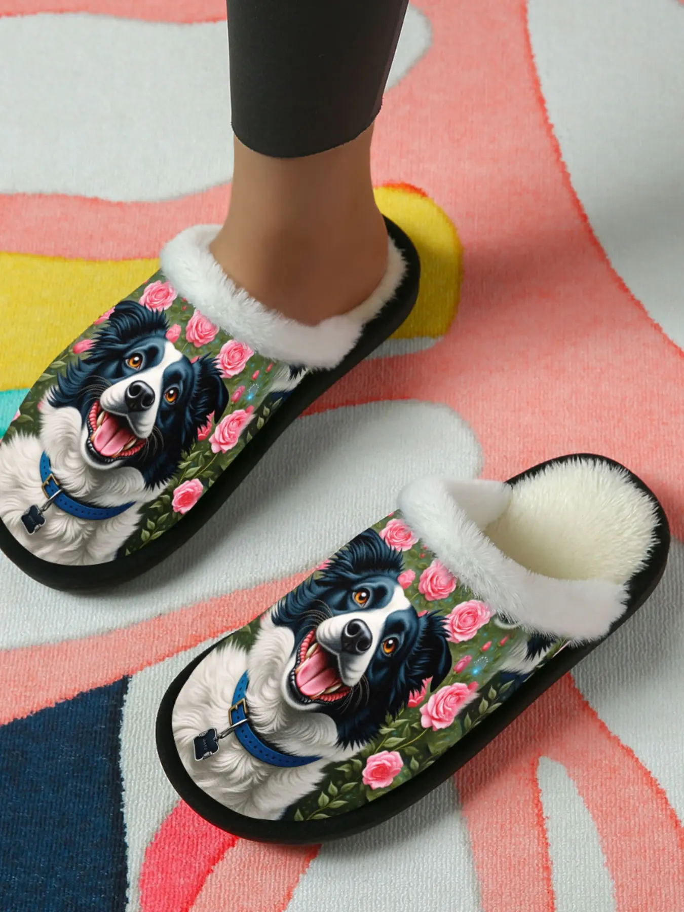 Border Collie Slippers - One Pair | Cute Dog Print with Pink Roses, Plush White Fur Lined | Cozy Non-Slip House Shoes | Perfect Gift for Dog Lovers / #CozyVibes Homewear