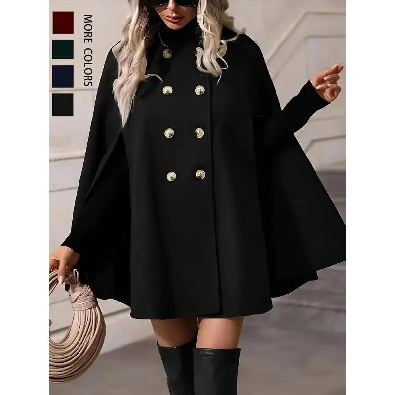 Women's Fashionable Plain Color Double Button Split Batwing Sleeve Cape Coat, Stylish Outerwear Jacket for Casual Wear