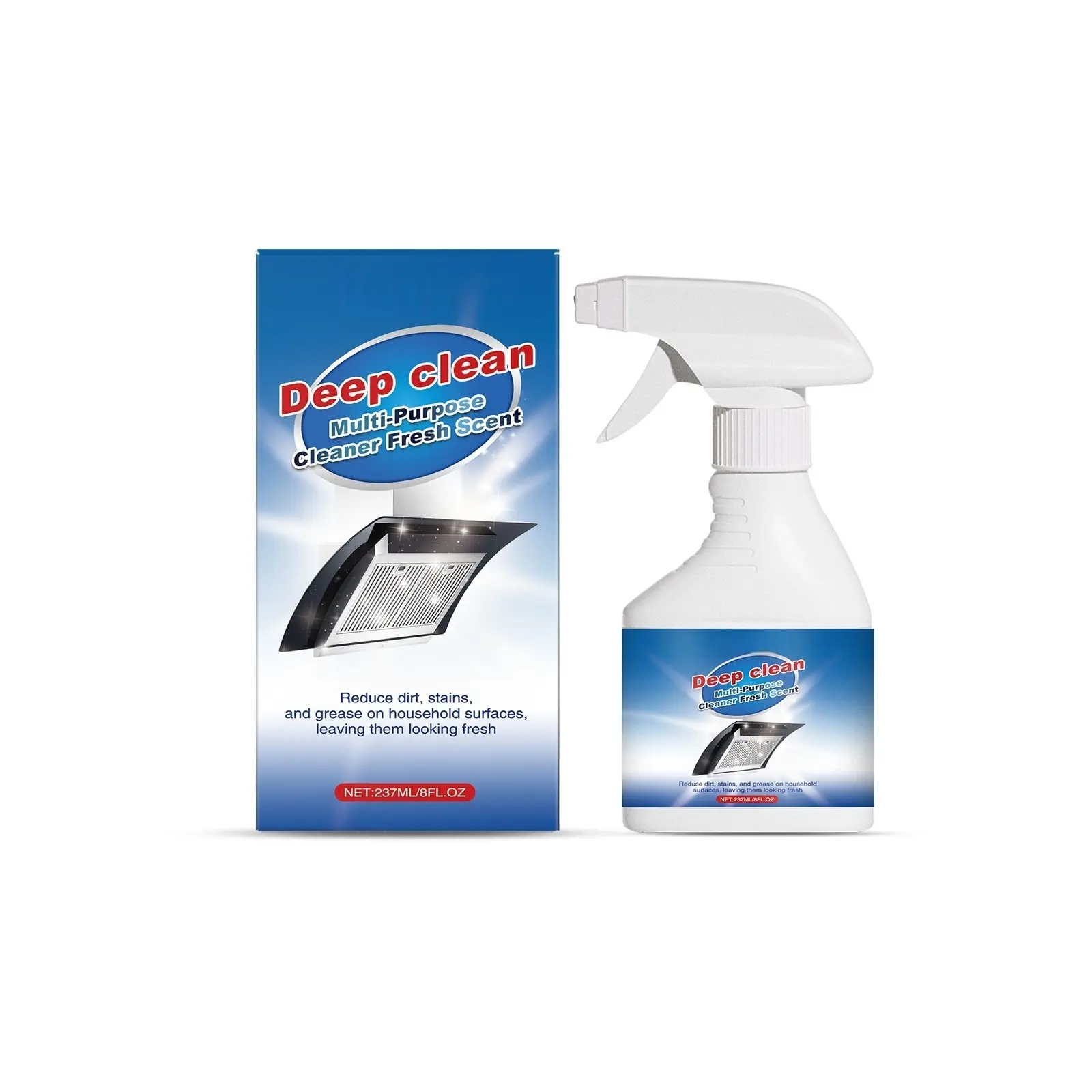 Multi-Purpose Deep Clean Cleaner Spray, Fresh Scent Kitchen Heavy Grease Remover, Remove Stains Grime for Range Hood Stove Household Surfaces 237ml/8FL.OZ