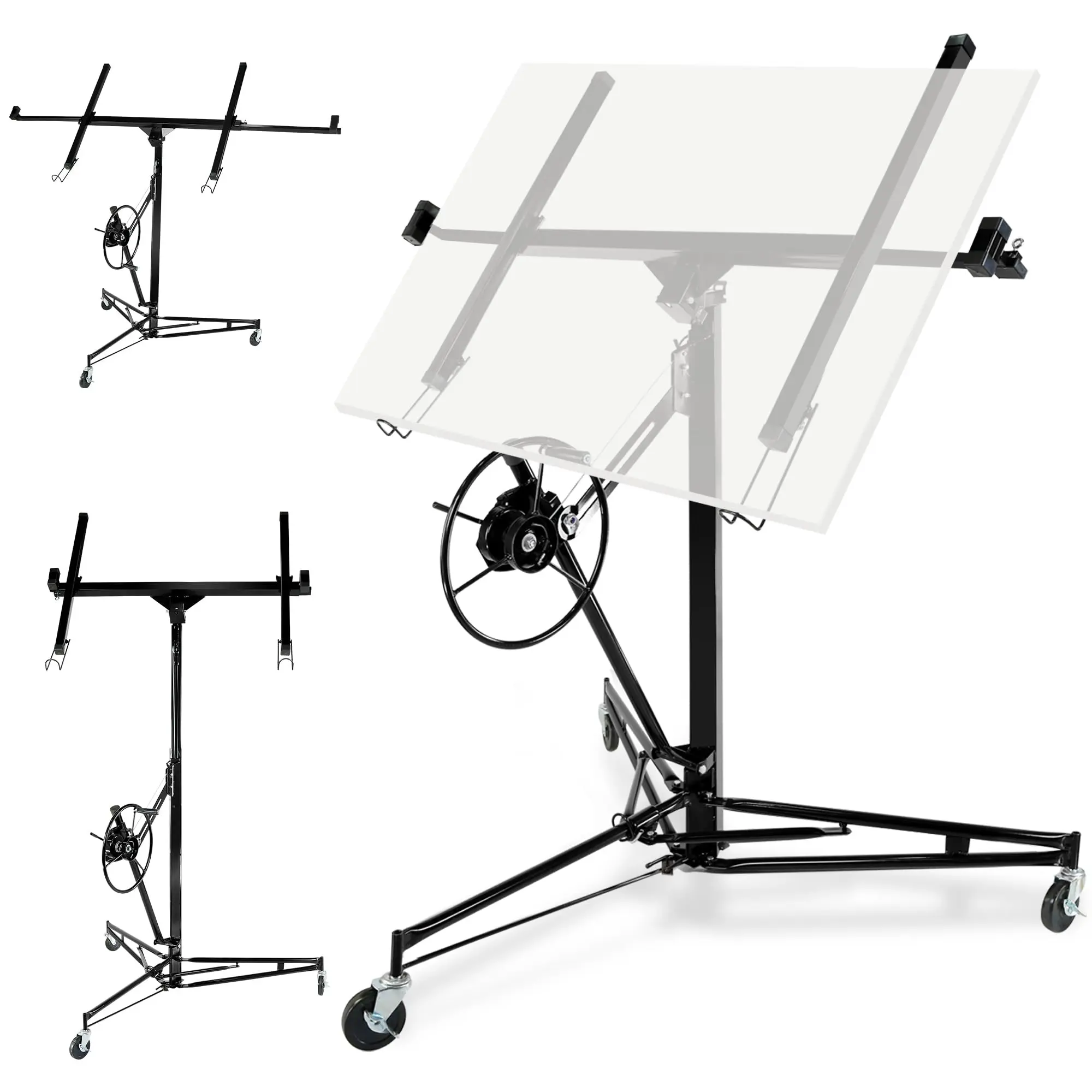11FT Drywall Lift, 150-lb Capacity, Telescopic Arm, 3 Locking Wheels, One-Person Setup. Available in Red, Yellow, or Black.