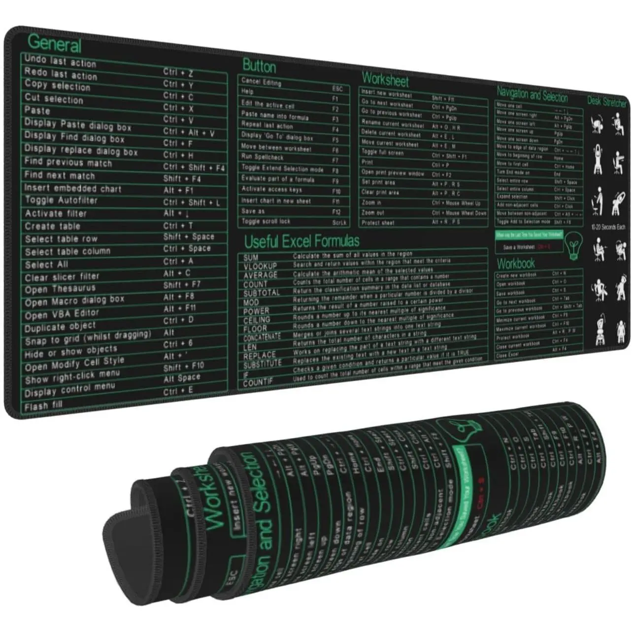 Excel Shortcuts   Pad 31.5 X 11.8 Inch XL Non Slip Stitched Edges Rubber Mousepad, 30*80 CM, Green