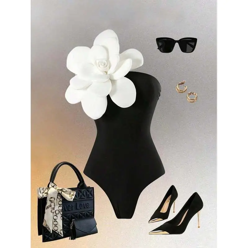 Black Bandeau One Piece Swimsuit With 3D White Flower Decor campingessentials