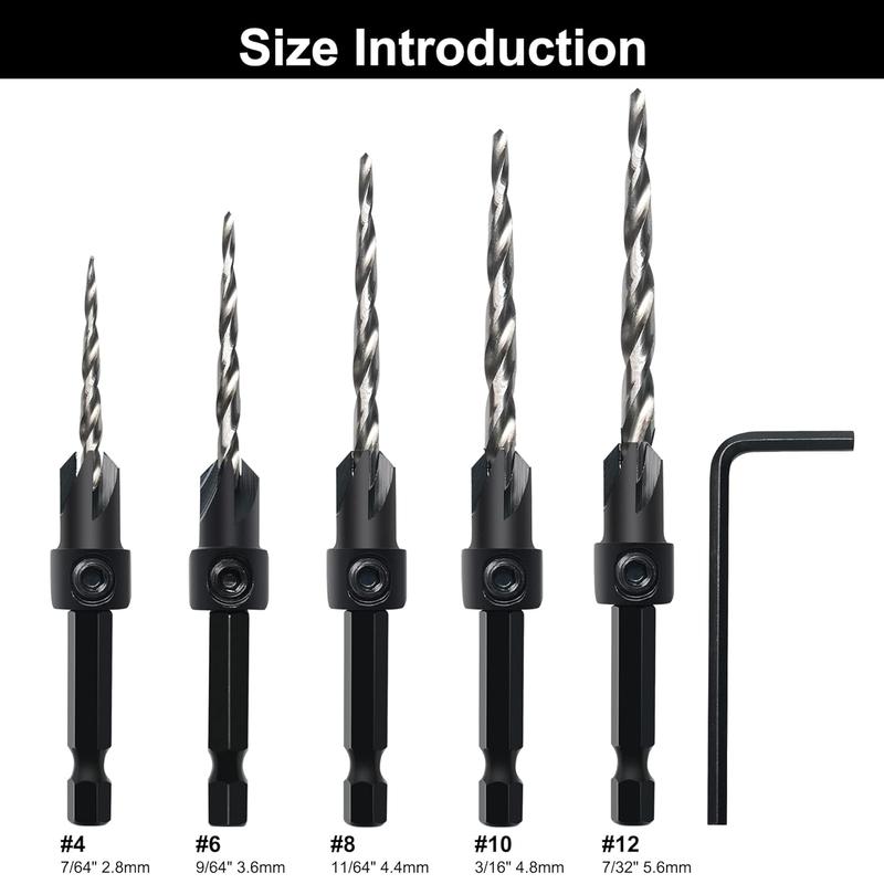 GMTOOLS 7-Piece Countersink Drill Bit Set – M2 HSS Tapered Bits, 1/4” Hex Shank, Quick Change, With Allen Wrench, For Woodworking & Carpentry