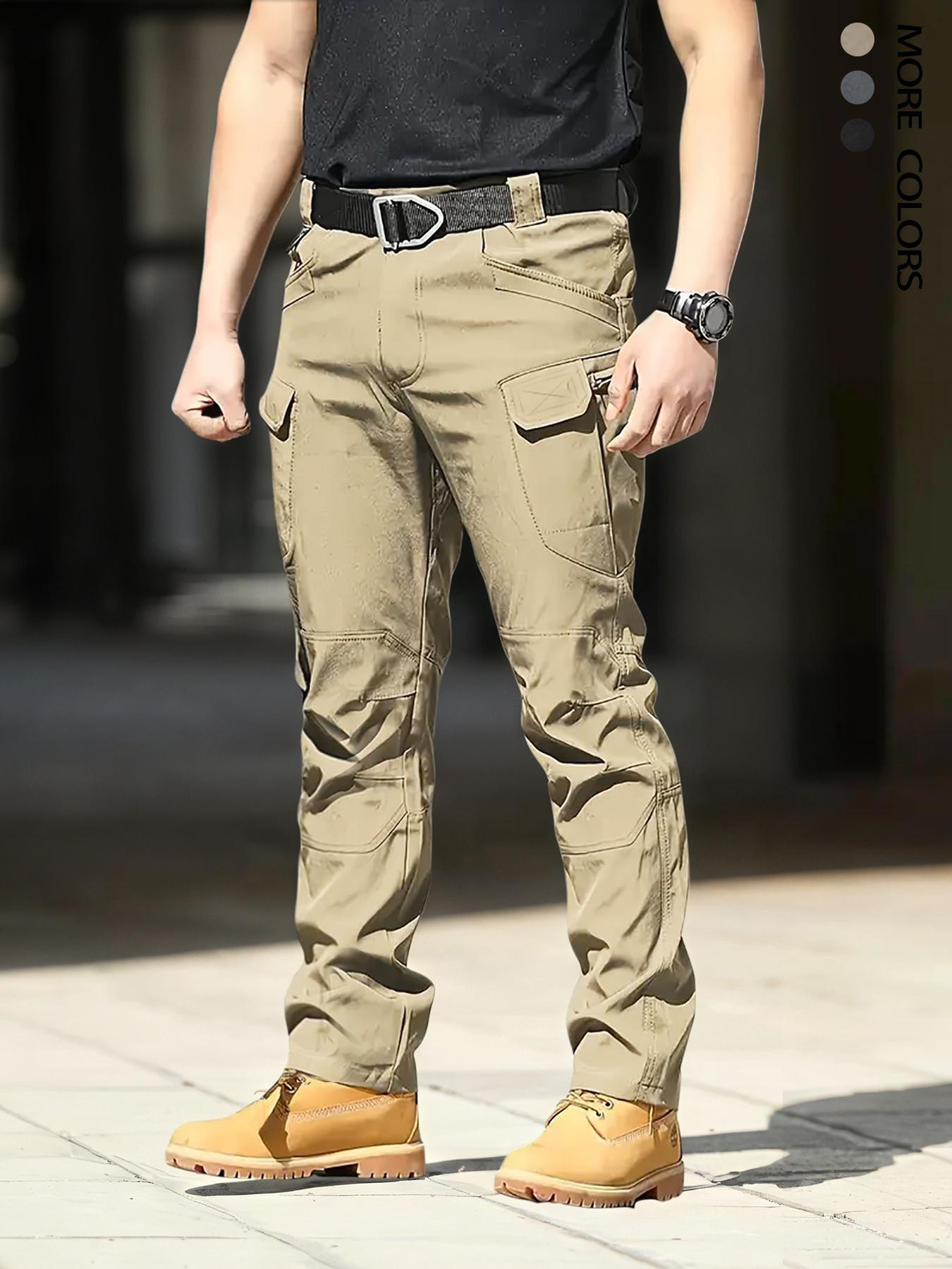 Men's Solid Color Button Fly Side Pocket & Zipper Tactical Work Pants, Durable Multifunctional Pants for Outdoor Activities, Suitable for Hiking, Fishing, Athletic Bottoms