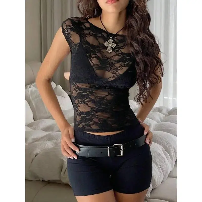 Women Y2K Lace Floral Crop Top Sexy See Through Sheer Mesh T Shirts Slim Fit Aesthetic Going Out Tees Tops Streetwear Womenswear Blouse