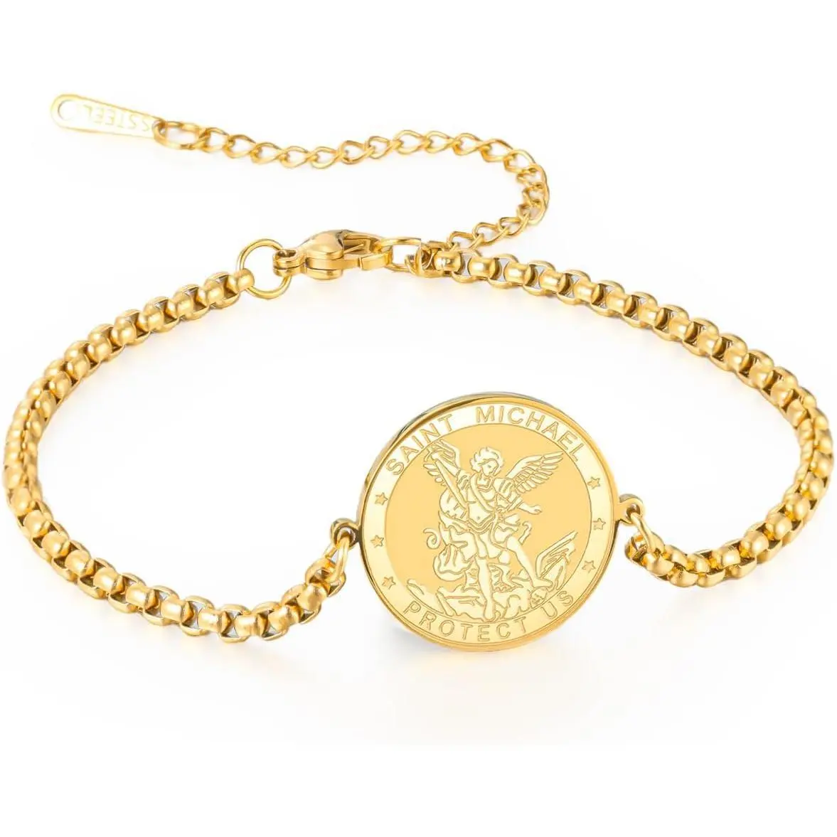Saint Michael Box Chain Bracelet for Women, Adjustable Religious Amulet in Stainless Steel, Archangel Protector Gift