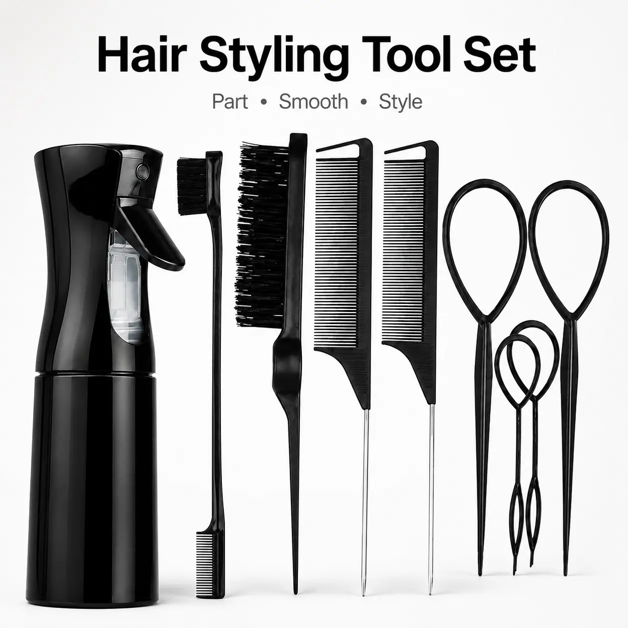 9PCS Sleek Style & Braiding Hair Tool Set with Continuous Mist Spray Bottle, Rat Tail Combs, Edge Brush & Topsy Tail Loop Tools for Hair Parting, Smooth Edges, Braids, Ponytails & Daily Styling Hair Styling Kit