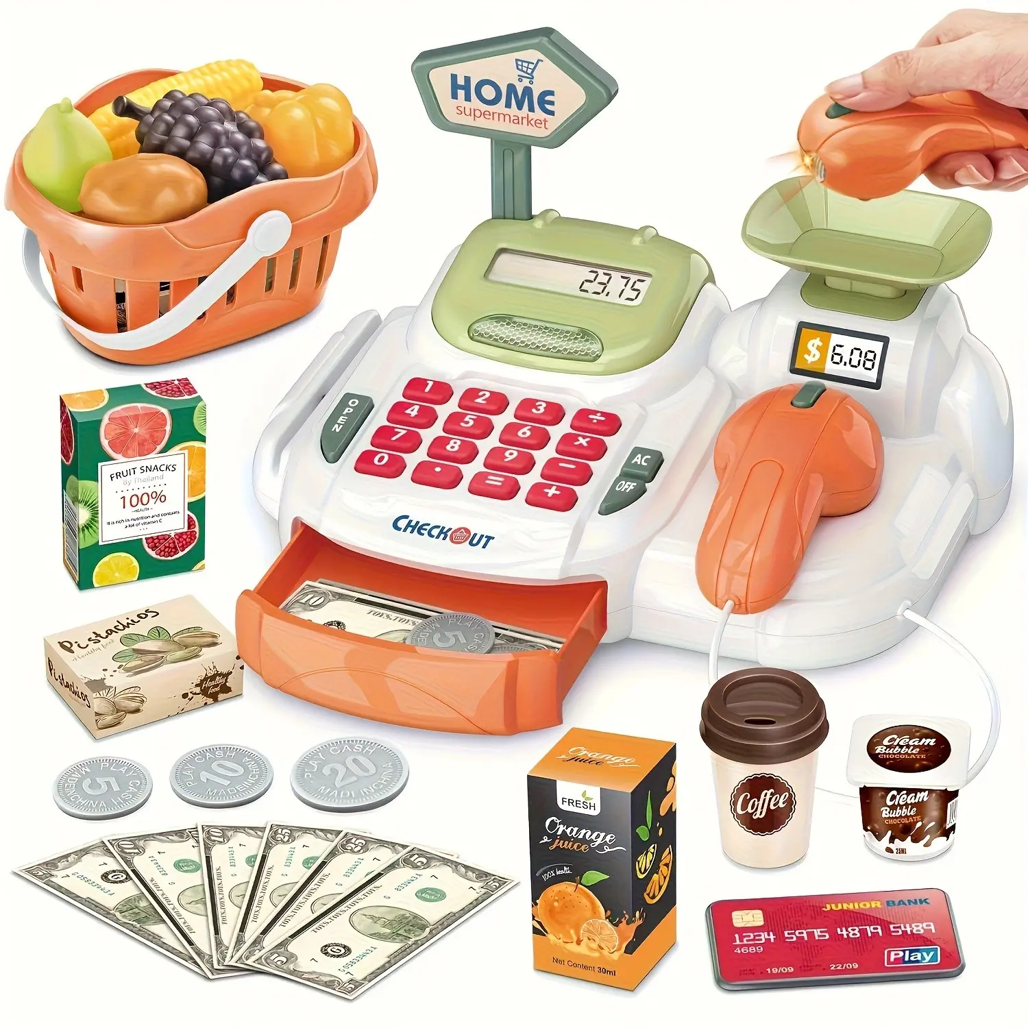 Multi-Function Scanner Toy, Supermarket Cash Register Set, Shopping Basket, Play Kitchen, Educational Kids' Toys