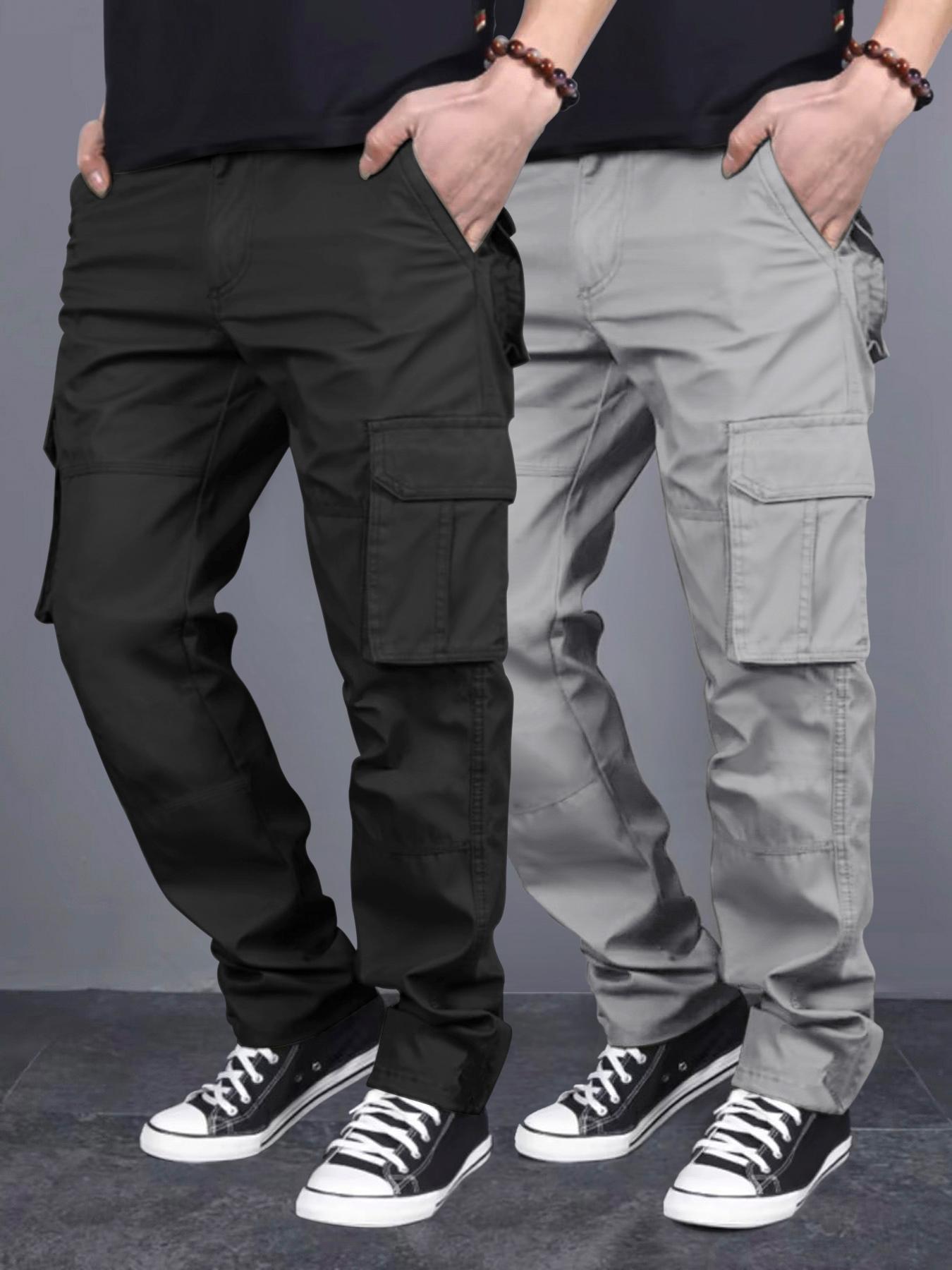 Men's Loose Solid Casual Slant Pocket Drawstring Waist Cargo Pants, Casual Street Straight Leg Trousers for Outdoor Hiking Fishing, Woven Bottoms for All Seasons Pants