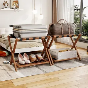 Full Assembled 26.77" L Luggage Rack Set of 2 - Luggage Stand for Guest Room, Foldable Suitcase Stand with Shoe Shelf, Luggage Holder for Bedroom, Hotel (Walnut  Suitcase Holders)