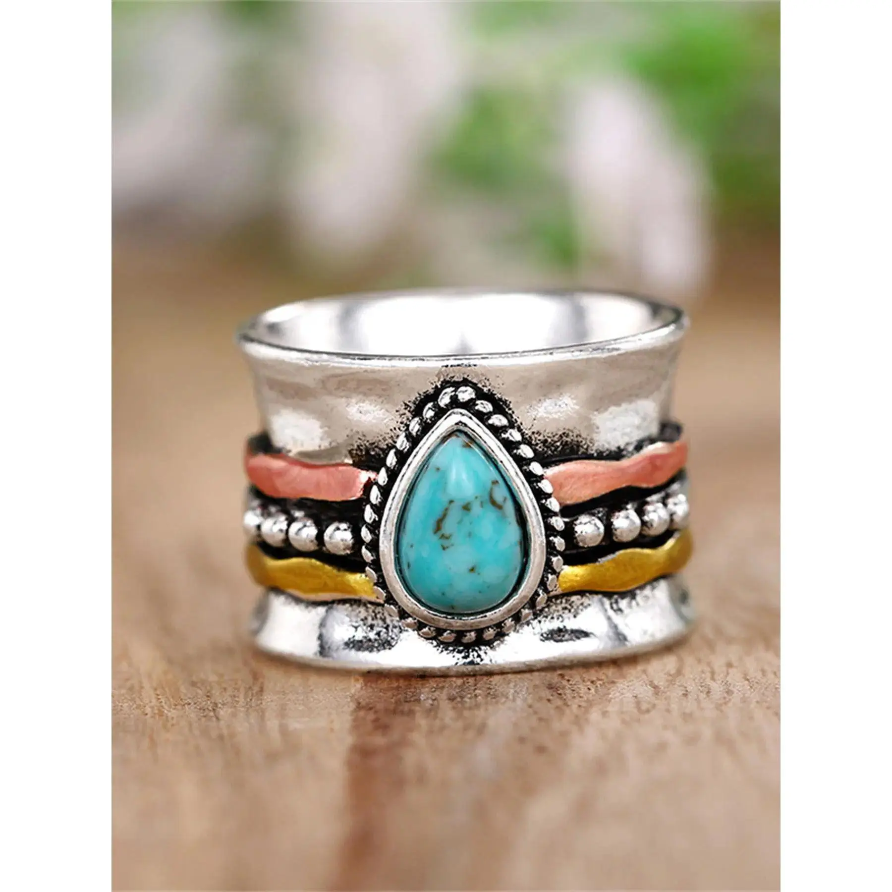 Statement Ring for Women, Vintage Copper Ring with Colorful Stone and Random Print Pattern - Gift-Ready Anniversary Costume Jewelry, Gift-Ready Design, Turquoise, Wedding, Alternative Style Rings