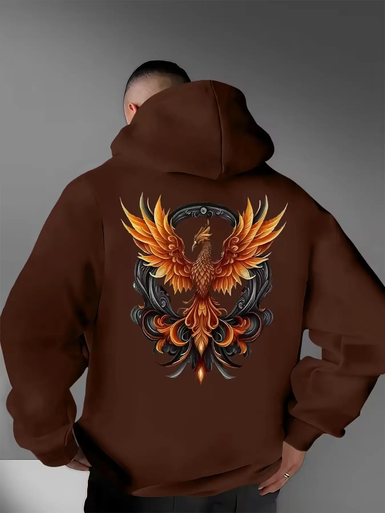 Men's versatile casual pullover hoodie with fashionable phoenix print, comfortable sweatshirt suitable for home wear and outdoor daily outfits.