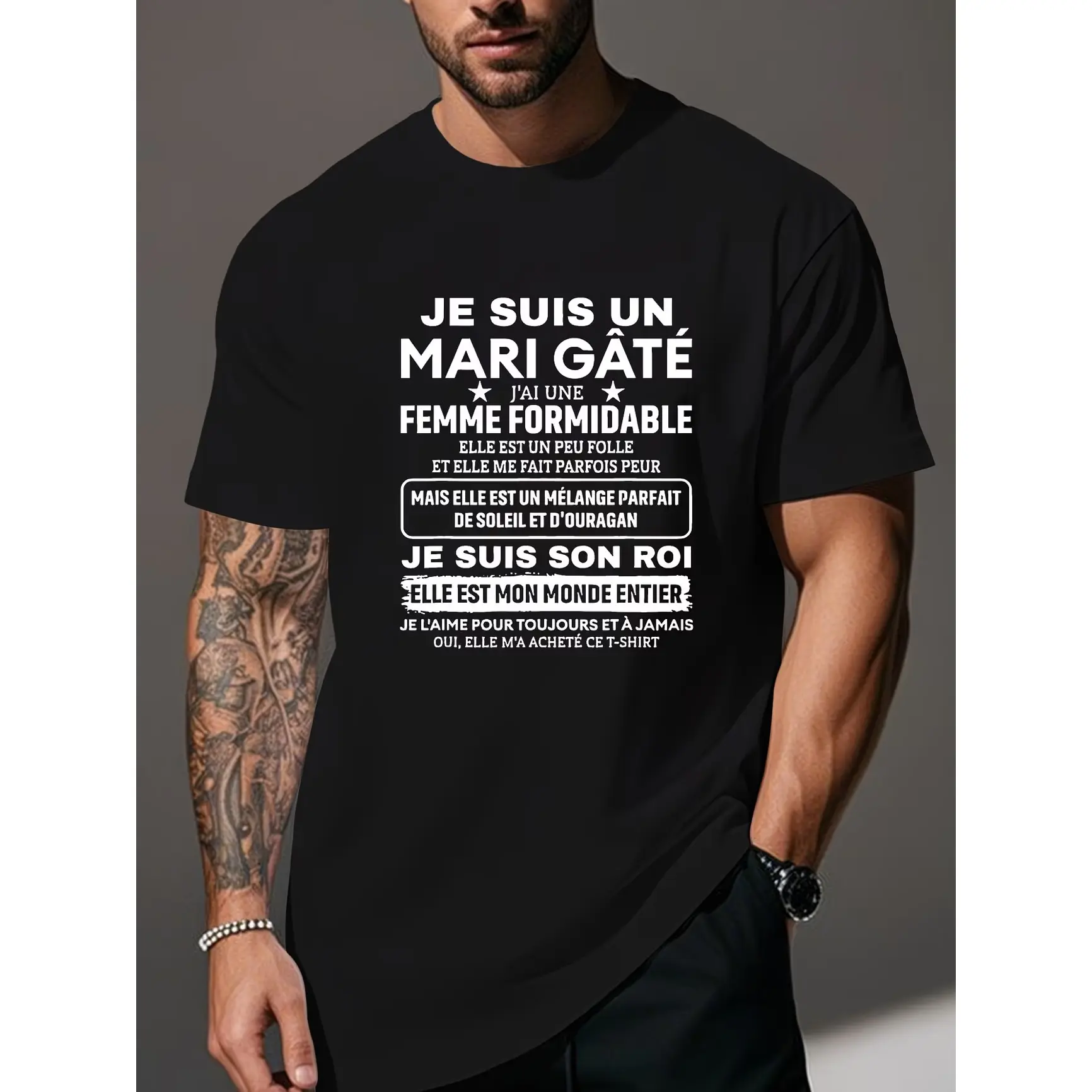 Spoiled Husband Mari Gâté French Romantic Text Graphic Comfort Cotton Oversized Fashion Outfit Tee, Husband Wife Couple Gift For Him Her, Best Valentine's Day & Anniversary Present For Married Friends Family Casual Shirt