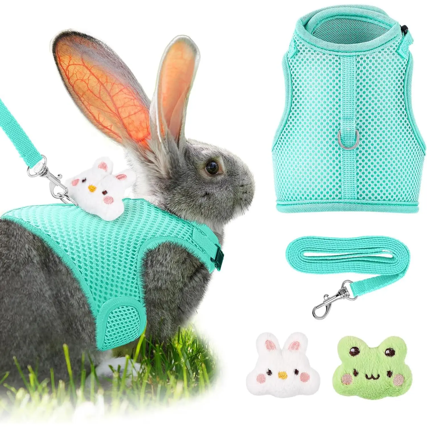 Easter Bunny Costume Rabbit Harness and Leash Set with 2 Cute Decorations Adjustable Buckle Breathable Mesh Vest Harness for Rabbits Ferret Small Pig Puppy(Green,Vivid Pattern)