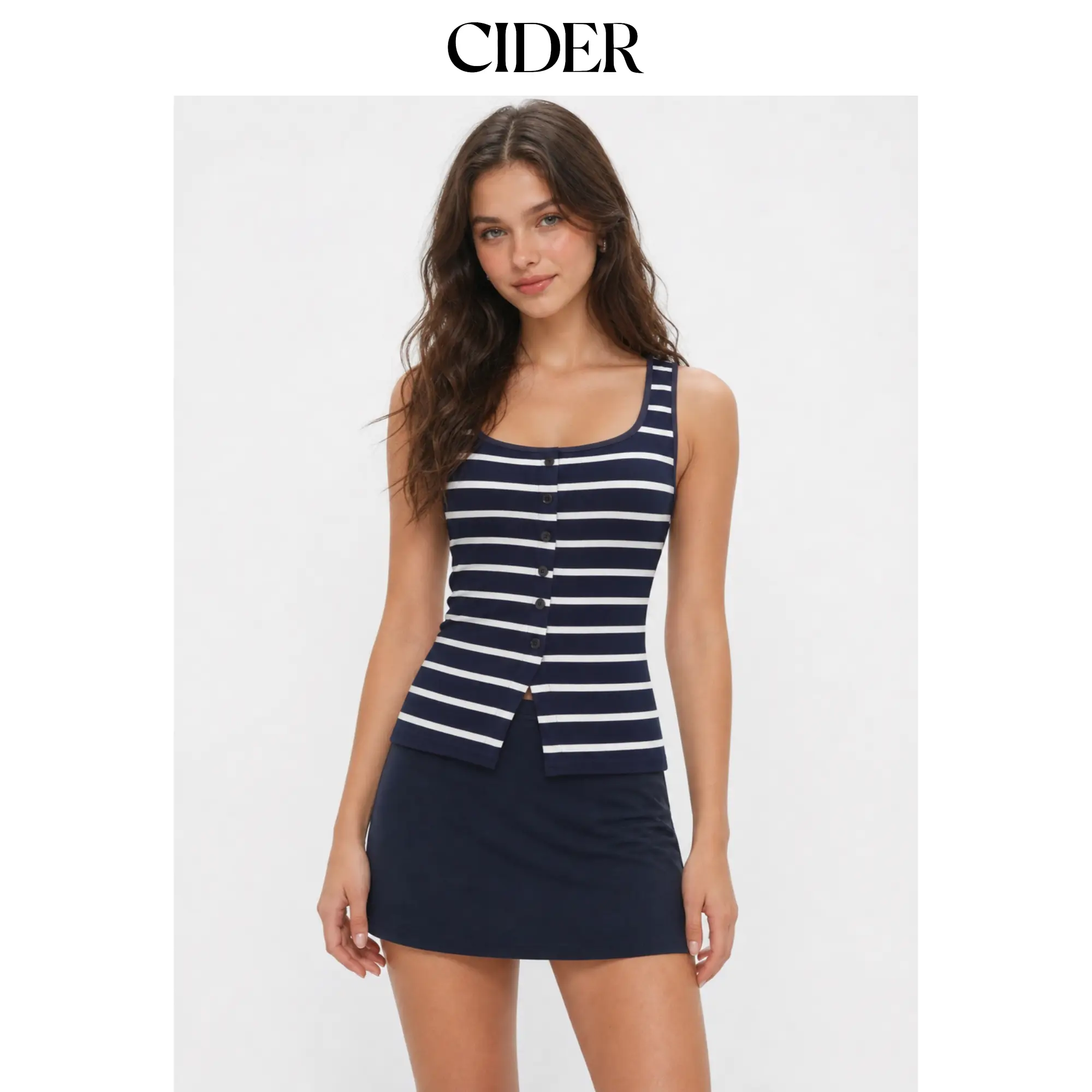Cider Cotton-blend Stripe Scoop Neck Tank Top & Low Rise Mini Skirt Set