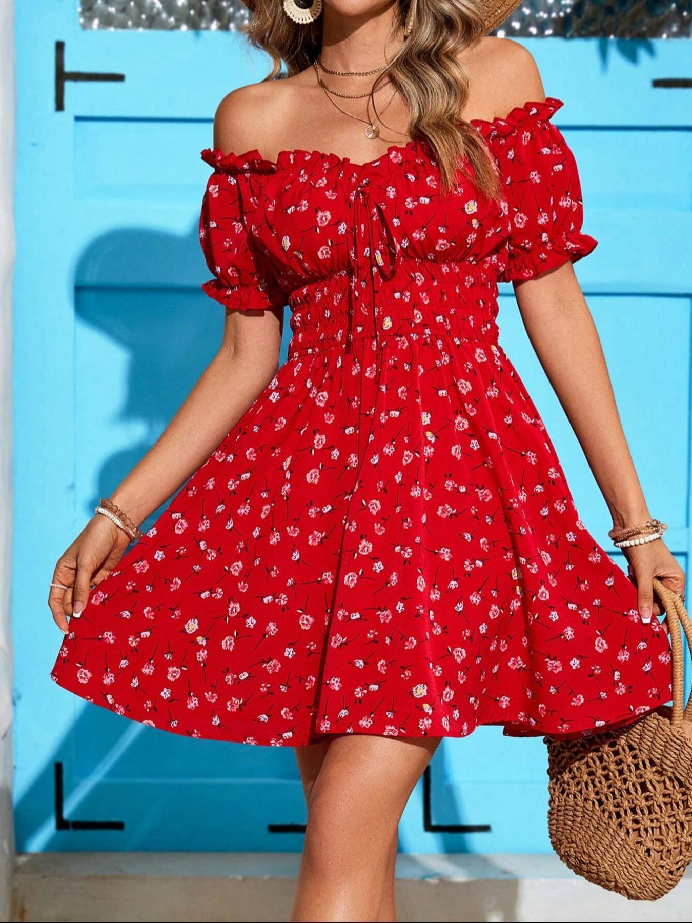 Women's Floral Print Off Shoulder Dress, Elegant Fashion Casual Short Dress for Daily Outdoor Wear, Casual Everyday Wear, Women's Dress for Summer