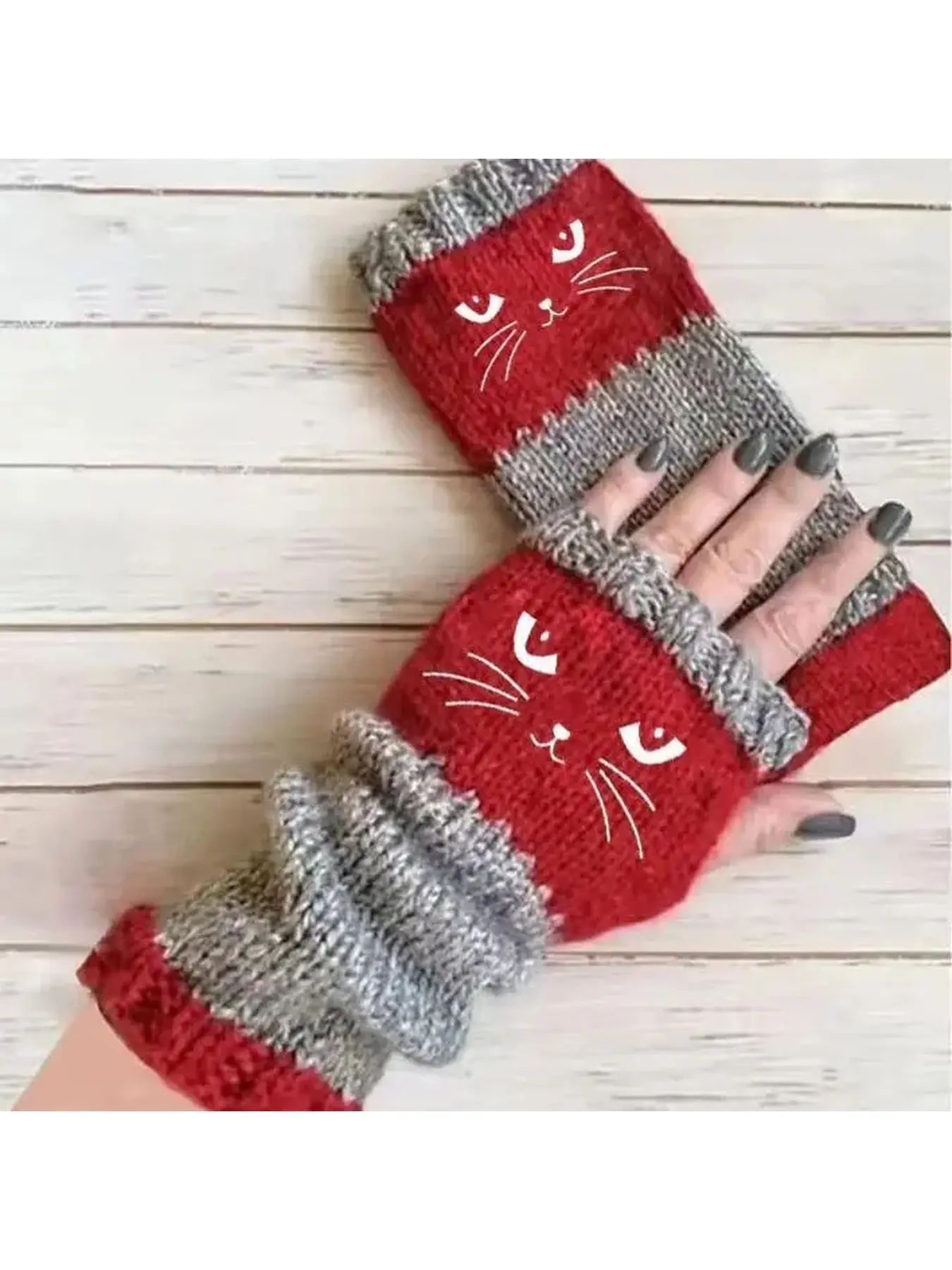Women's Knits Gloves - Hand-Crocheted Embroidery Women's Gloves with Cat Cartoon Fashion Design, Splicing Detail, Fingerless Style, Warm Cashmere Accessory for Daily Wear, Hand-Crocheted Women's Gloves